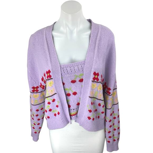 Zara Other - Zara Purple Cherry Floral Knit Long Sleeve Cardigan Sweater Tank 2 Pc Set Size S